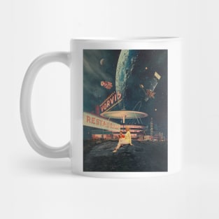 a couple having fun on a surreal retro futuristic landscape of another planet with retro 1960s vibe. Mug